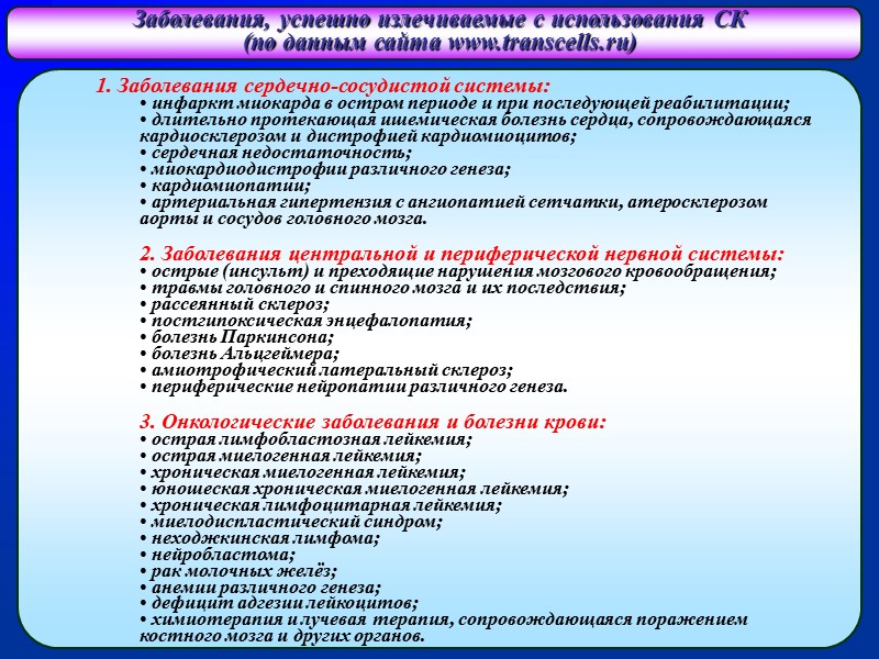Заболевания, успешно излечиваемые с использования СК  (по данным сайта www.transcells.ru) 1. Заболевания сердечно-сосудистой